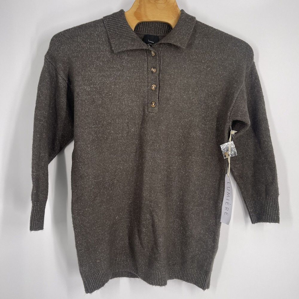 Lumiere Mens Long Sleeve Polo Sweater Charcoal Grey Marl Button Knit Top NWT
